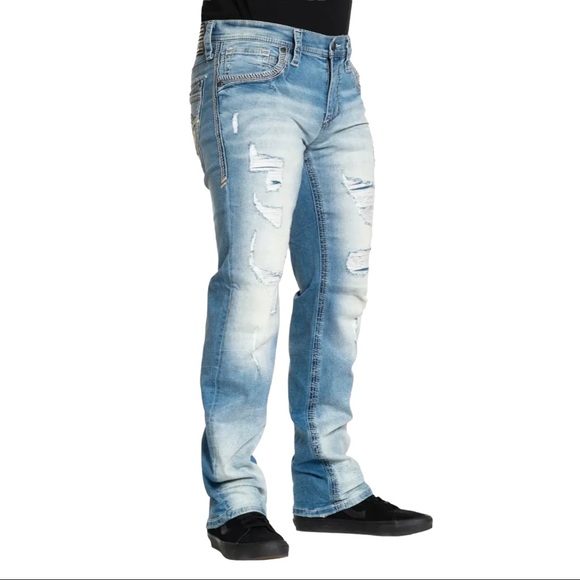 Affliction Men's Denim Jeans ACE APEX MIDLAND Embroidered Blue - Picture 6 of 9